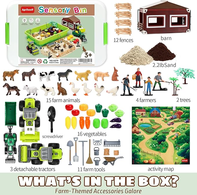 69 PCS Farm Sensory Bin Toys Playset, Sandboxes with Sand, Farmer Tractor & Farm Animals Figures Toys for Kids 3 4 5, Gifts for 6 7 Years Old Boys Girls Toddlers-PawvioPets