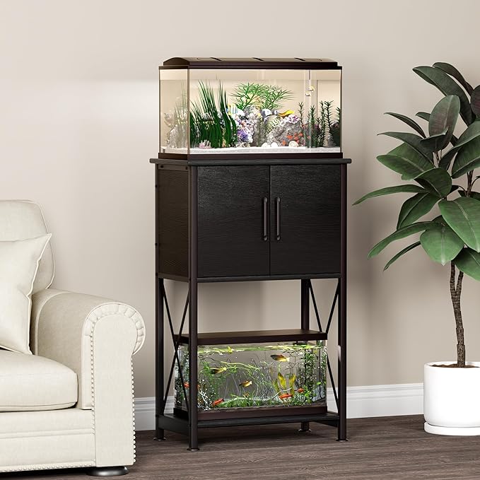 5-10 Gallon Fish Tank Stand, Metal Double Aquarium Stand with Cabinet for Fish Tank Accessories Storage, Heavy Duty 20.5" L* 11.02" W Tabletop, 500LBS Capacity Black PG06YGB-PawvioPets