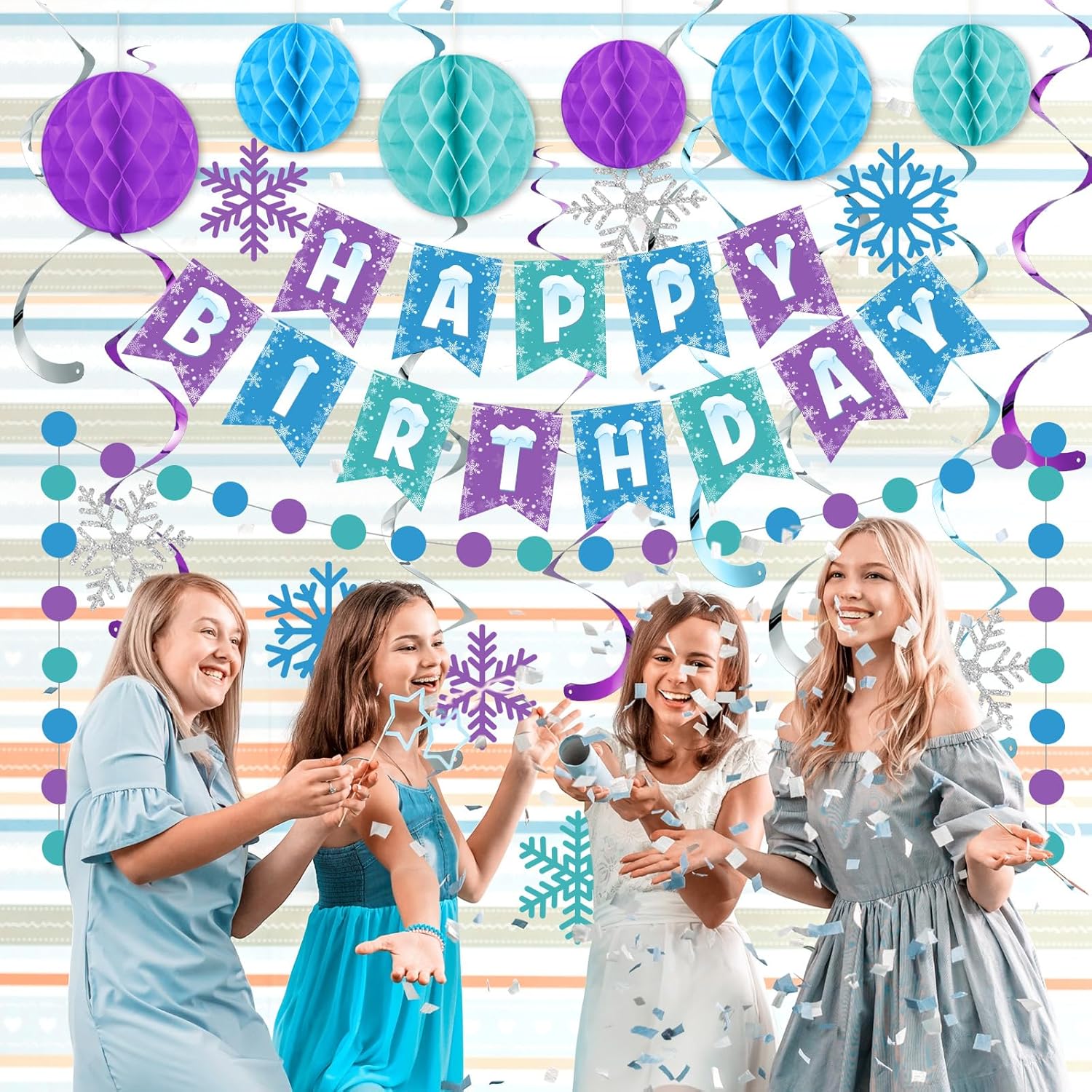 Funrous Snowflake Birthday Decorations Happy Birthday Banner Snowflake Hanging Swirls Honeycomb Balls Circle Dots Garland for Winter Princess Party Supplies