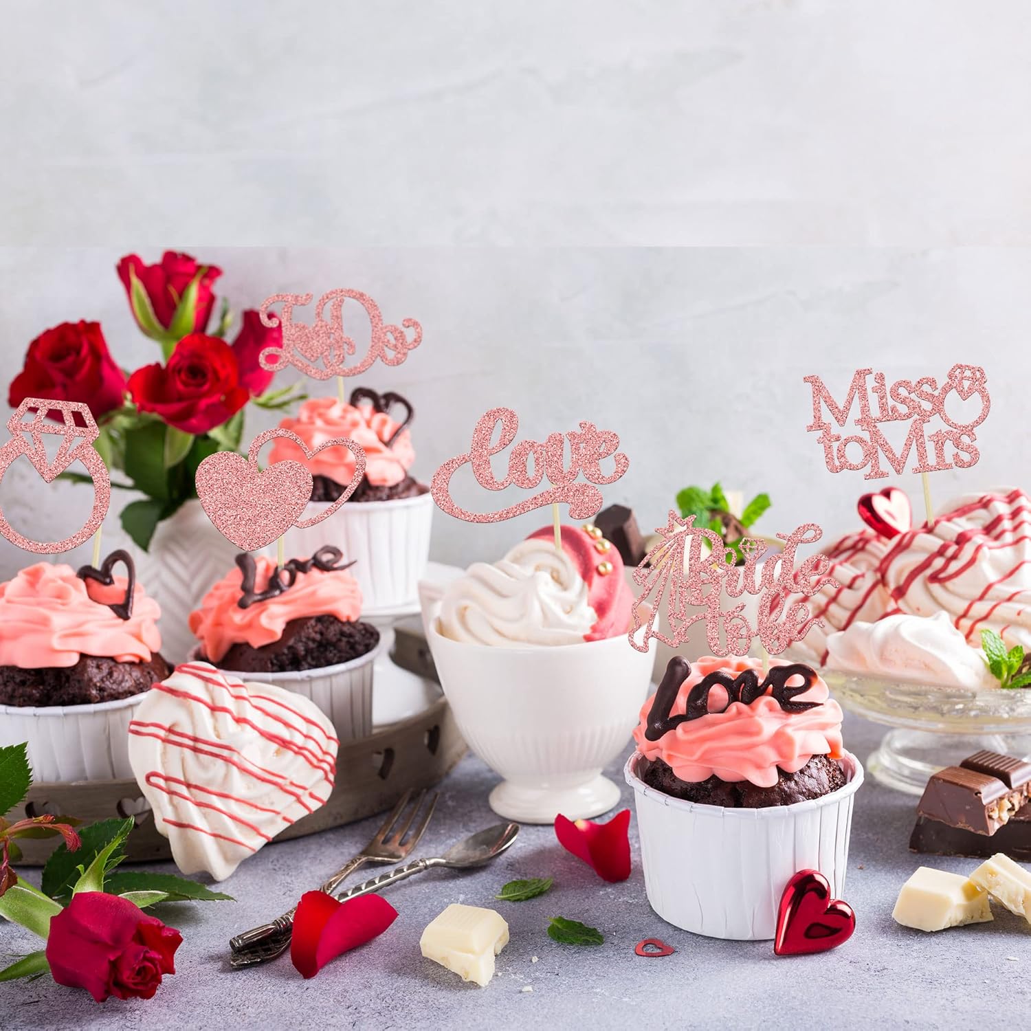 Gyufise 24Pcs Bride to Be Cupcake Toppers Rose Gold Glitter I Do Love Heart Ring Miss To Mrs Cupcake Picks Bridal Shower Cake Decorations for Wedding Engagement Bachelorette Party Supplies