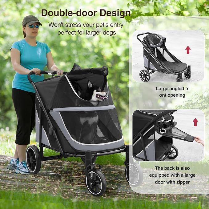 Dog Stroller for Medium/Large Dogs One-Click Folding, Extra Large Pet Stroller for 2 Dogs with Storage Pocket & Shock Absorption, Up to 130 lbs, Grey-PawvioPets