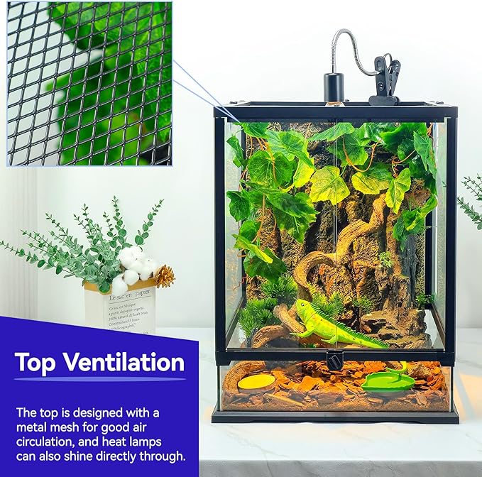 360° Clear View 35 Gallon 24x18x18 Glass Reptile Terrarium Suitable for Bearded Dragon, Chameleon, Crested Gecko, Multi-Pet Enclosure with Front Door, Excellent Ventilation, Hidden Wiring Holes-PawvioPets