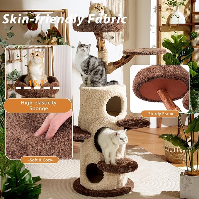 54.7'' Modern Cat Tree for Indoor Cats Large Adult, Wood Cat Tree with 3 Spacious Condos, Luxury Cat Tower with Cozy Perch, Scratching Post, Sturdy Kitty House Furniture for Small Medium Large Cats-PawvioPets