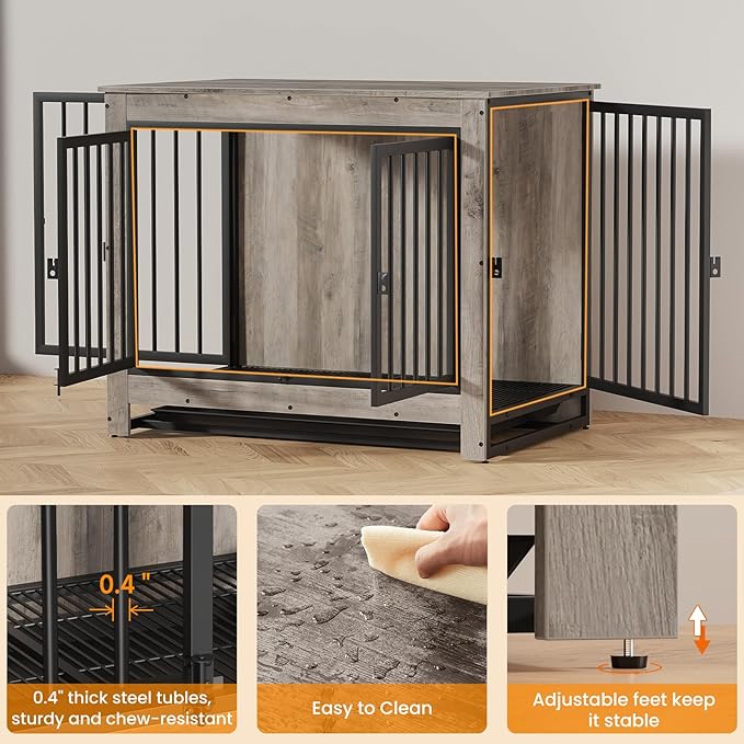 Dog Crate Furniture, Dog Crate End Table for Medium and Large Dogs,Wooden Cage Kennel Furniture Indoor, Modern Dog Crate with Multi-Purpose Removable Tray, Double-Doors Dog Furniture-PawvioPets