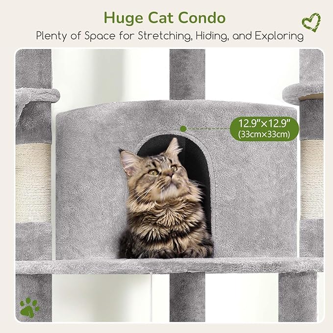 Globlazer Corner Cat Tree Tower for Indoor Cats, 51in Multi-Level Cat Condo Tower with Large Hammock, 7 Sisal Scratching Posts, Oversized Top Perch, Spacious Cat Cave, Hanging Basket, C51, Light Gray-PawvioPets