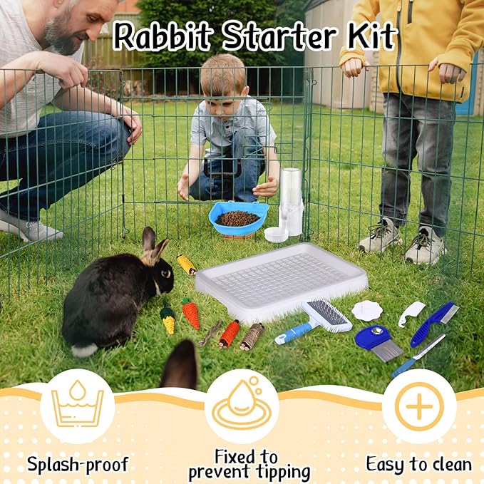 19 Pcs Rabbit Starter Kit Small Bunny Litter Box Animal Grooming Kit Water Bottle Bunny Toys Hay Feeder Bowl Blankets with Cleaning Set for Guinea Pig Rabbit Accessories (White)-PawvioPets