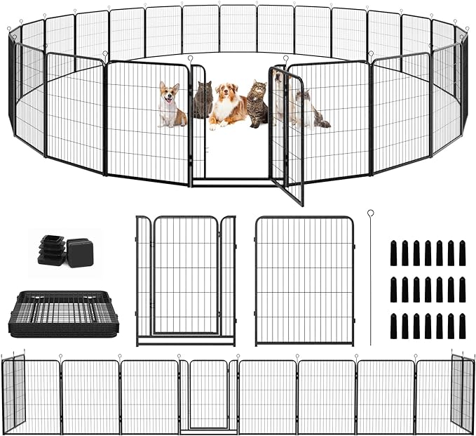 Dog Playpen Outdoor Extra Wide 24 Panels Heavy Duty Dog Fence 40" Height Anti-Rust with Doors Portable for RV Camping Yard, Total 63FT, 316 Sq.ft, Snowy Black-PawvioPets