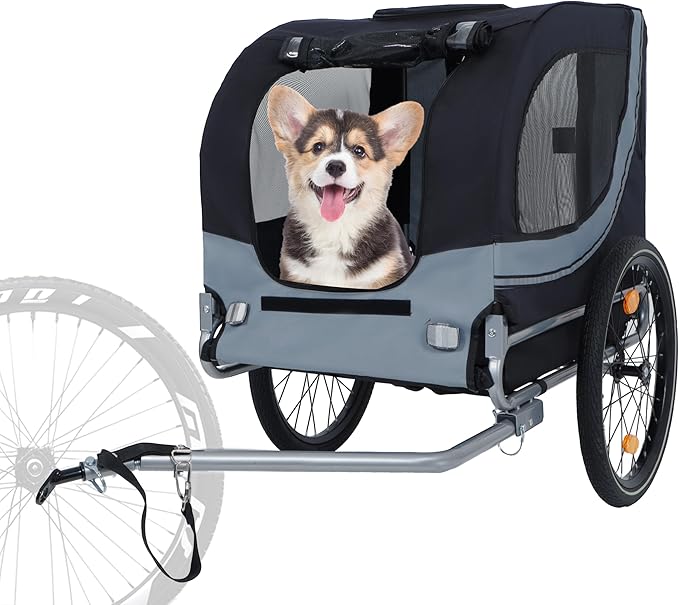 Blue-Grey Large Folding Bike Trailer for Dogs – Heavy-Duty Steel Frame, 66LB Capacity Pet Carrier for All-Terrain Cycling, Jogging & Camping Adventures!-PawvioPets