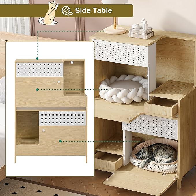 Cat Litter Box Enclosure Furniture Hidden Indoor 2-in-1 Wooden Cat House & Washroom Cabinet with Drawer for 2 Cats, 31.4"x15.7"x44.8"H-PawvioPets