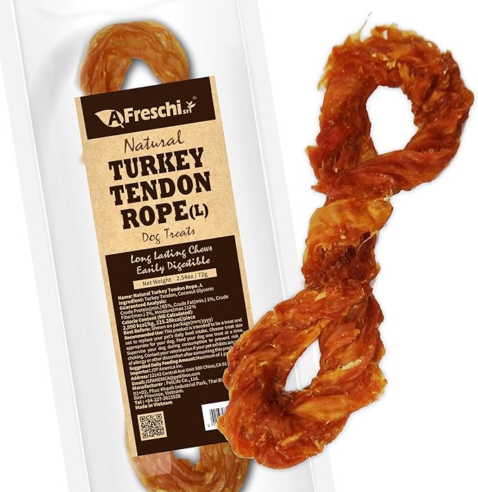 Afreschi Natural Turkey Tendon Rope (L) 1 Unit per Pack, Dog Treats for Signature Series, All Natural Human Grade Puppy Chew, USA-Sourced Turkey Tendon, Hypoallergenic, Rawhide Alternative-PawvioPets