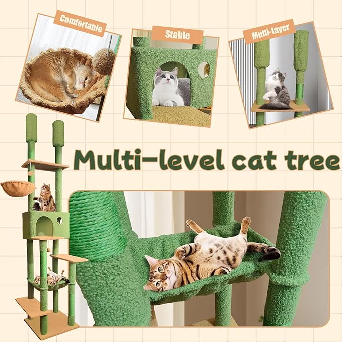 96.5"-108" Cat Tree Floor to Ceiling 7-Tier Cat Tower Adjustable Height with Scratching Posts, Cozy Hammock, Cat Condo for Indoor Cats(Green)-PawvioPets
