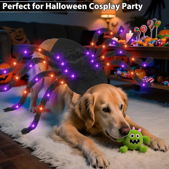 Camlinbo 24 LED Spider Dog Halloween Costume for Small Medium Large Dogs, Furry Giant Spider with Orange Purple Lights Puppy Pet Costume Outfits Clothes Funny Halloween Costume Party Cosplay-PawvioPets