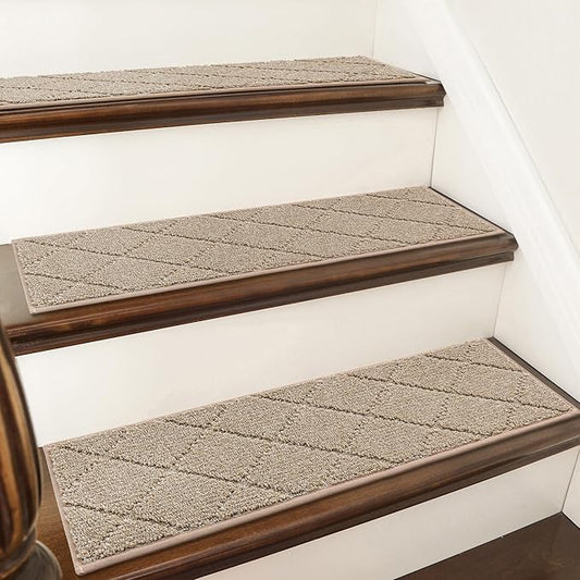 COSY HOMEER Edging Stair Treads Non-Slip Carpet Mat 28inX9in Indoor Stair Runners for Wooden Steps, Edging Stair Rugs for Kids and Dogs, 100% Polyester TPE Backing (10pc, Beige)-PawvioPets