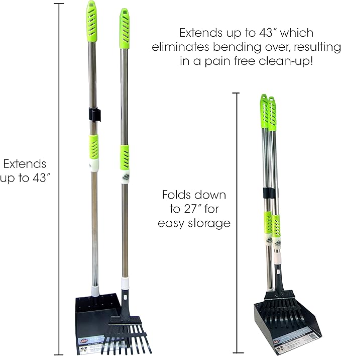 Aluminum Telescoping Metal Handled Poop Tray with Rake Sturdy Lightweight Pooper Scooper Extends 43" Long Scoop Great for Large & Small Dogs (2154)-PawvioPets