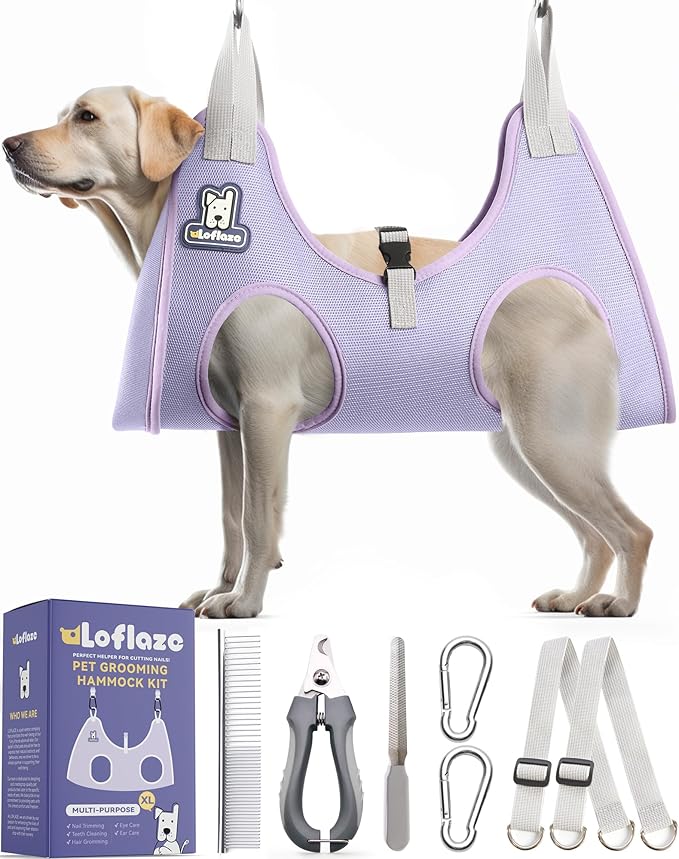 Dog Grooming Hammock Harness for Dogs & Cats with Pet Nail Clipper Trimmer - Cat Hanger Sling for Trimming Clipping Nails- Dog Hammock Restraint Bag for Small Medium Large pet （ Purple XL）-PawvioPets