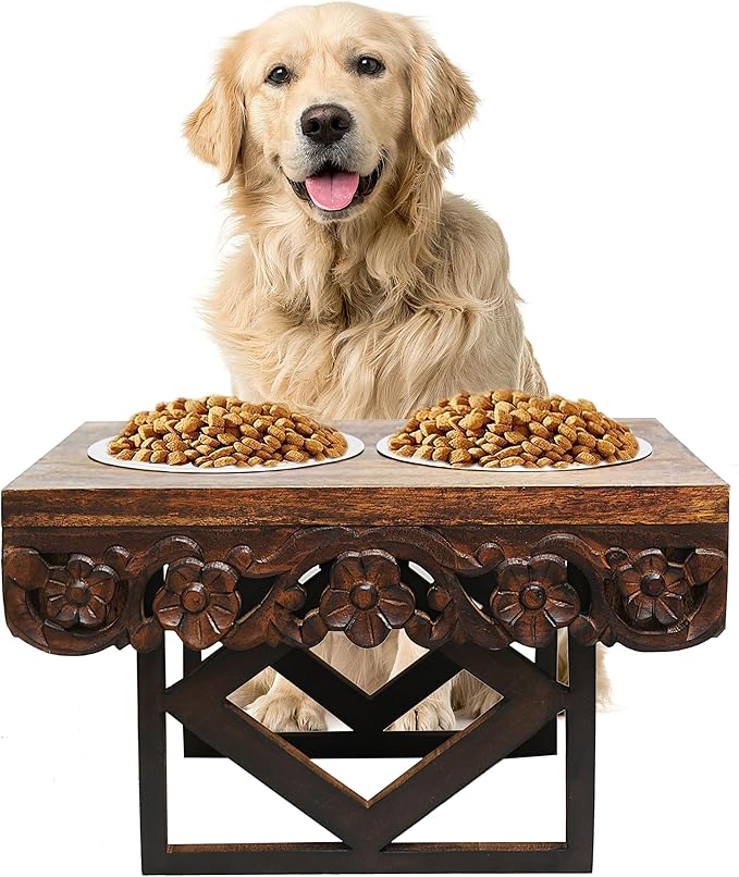 Elevated Pet Feeder for Dogs and Cats - The Bali Carved Wood Pet Feeding Stand with Two Stainless Steel Bowls - Three Heights Adjustable Raised Dog Bowl - Food Water Pet Feeding Station - IRONGATE-PawvioPets