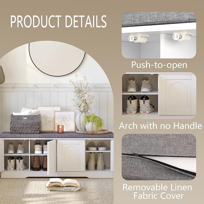 DINZI LVJ Shoe Bench, Entryway Storage Bench with Doors, Cushion, 2-Tier Shoe Rack with 8-Cubby, 47.2”L x 13.8”W Shoe Organizer Cabinet, Adjustable Shelf, Living Room, Bedroom, White-PawvioPets