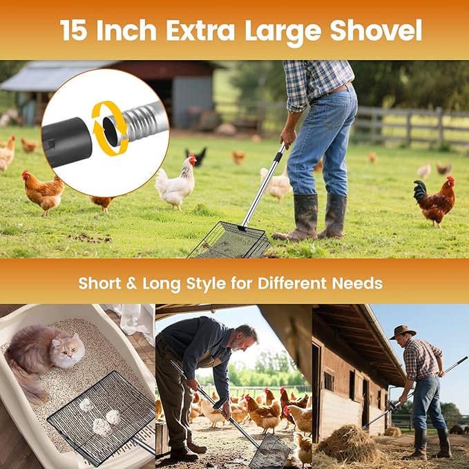 15 inch Extra Large Chicken Poop Scooper with Ergonomic Grip,5-in-1 Heavy Duty Adjustable Coop Scoop for Poop (24 to 68"), Stainless Steel Sifting Litter Shovel Scoop for Chicken Coop-PawvioPets