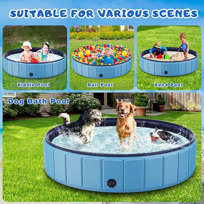 Foldable Dog Swimming Pool, Totiro 91"x16" Oversize Collapsable Hard Plastic Portable Bathing Tub for Pet Dog Kiddie Pool Indoor and Outdoor Leakproof PVC Play Pool for Large Dogs Pets Puppy Kids Blue-PawvioPets