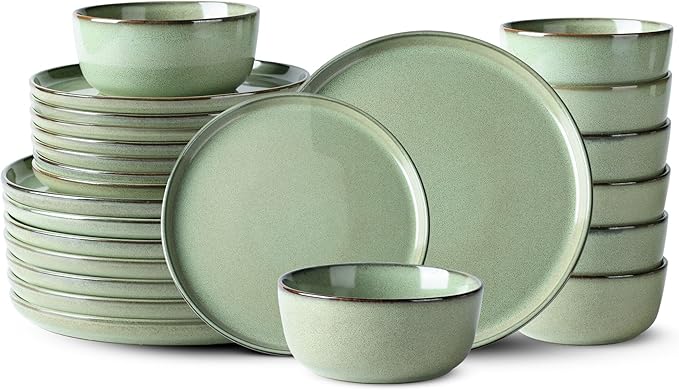 GBHOME Ceramic Dinnerware Sets for 8, 24 Pieces Stoneware Plates and Bowls Sets, Scratch Resistant Dishes, Dishwasher & Microwave Safe-Pastel Green-PawvioPets