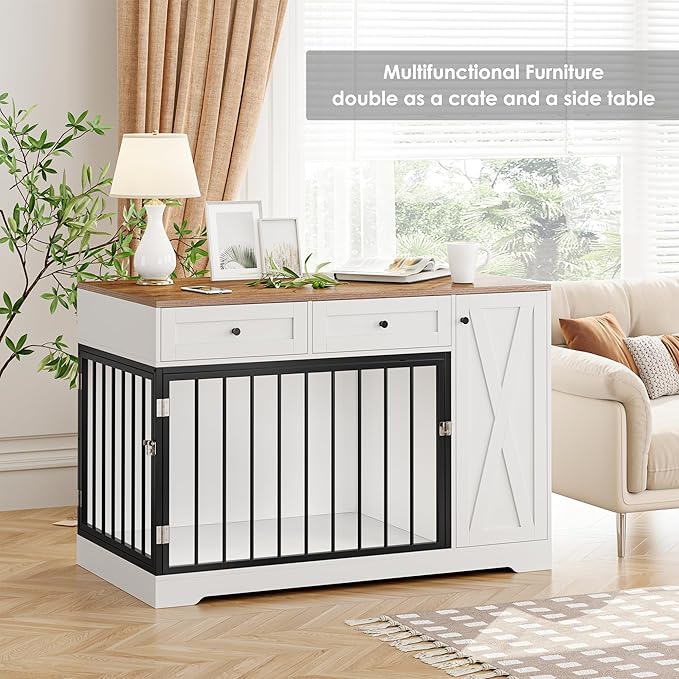 Dog Crate Furniture Kennel with Double Doors Wooden Pet House with 2 Drawers and Storage Cabinet, Indoor Dog Cage Farmhouse Modern Side End Table for Small Medium Dogs, White-PawvioPets