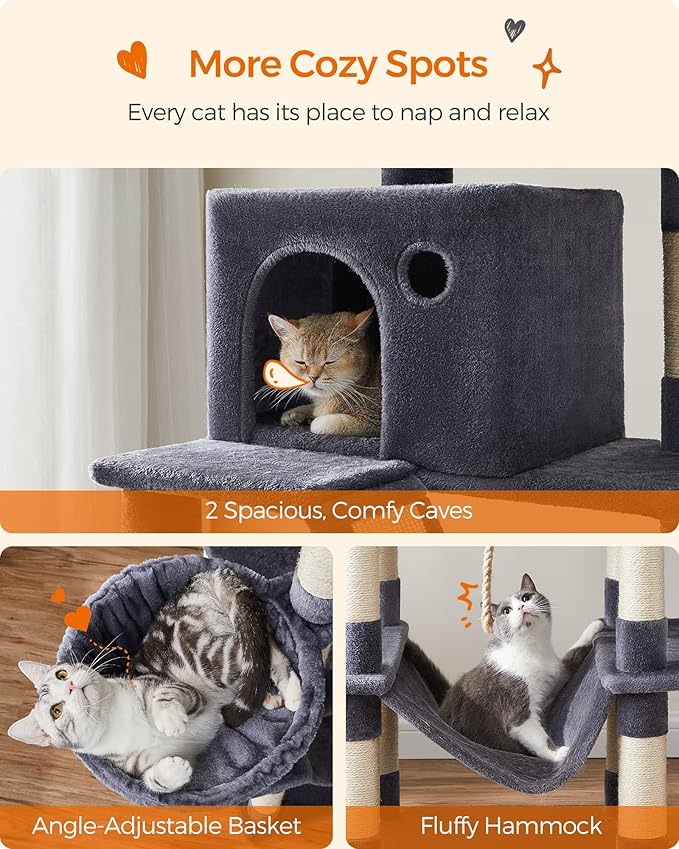 Feandrea Cat Tree, 81.1-Inch Large Cat Tower with 13 Scratching Posts, 2 Perches, 2 Caves, Basket, Hammock, Pompoms, Multi-Level Plush Cat Condo for Indoor Cats, Smoky Gray UPCT190G01-PawvioPets