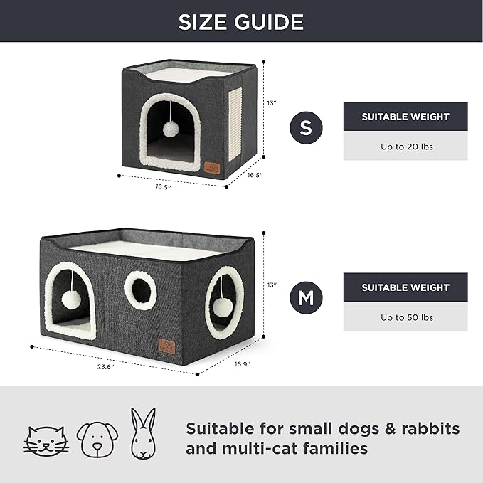 Bedsure Large Cat Beds for Indoor Cats - Extra Wide Cat Cube House for Small Pet with Fluffy Ball Hanging and Scratch Pad, Foldable Pet Cave Hideaway for Multiple Cats, 23.6x16.9x13 inches, Dark Grey-PawvioPets