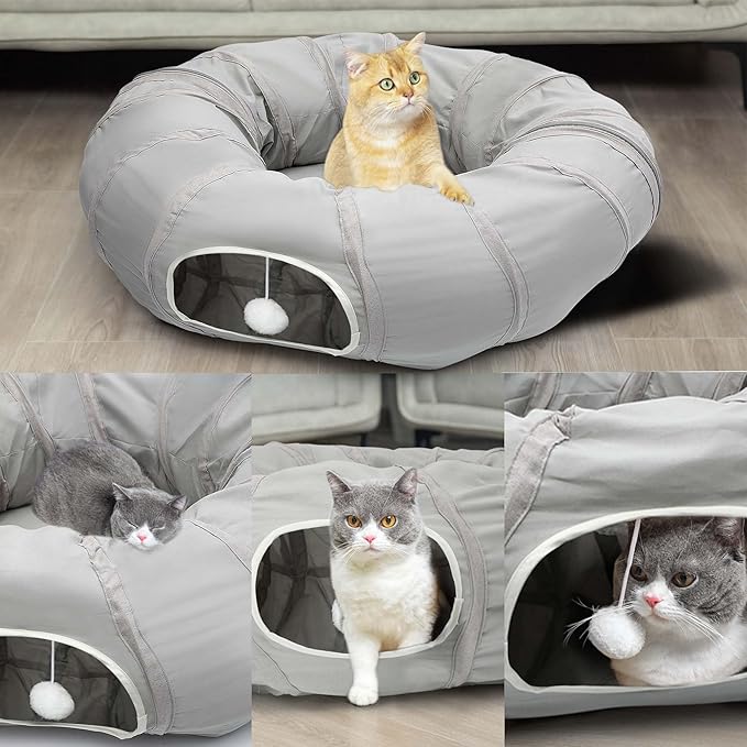 AUOON Cat Play Tunnel - Round Cat Tunnel with Bed | Interactive Cat Toys for Indoor Cats Kitten Kitty Puppy Rabbit Ferret (Light Grey)-PawvioPets