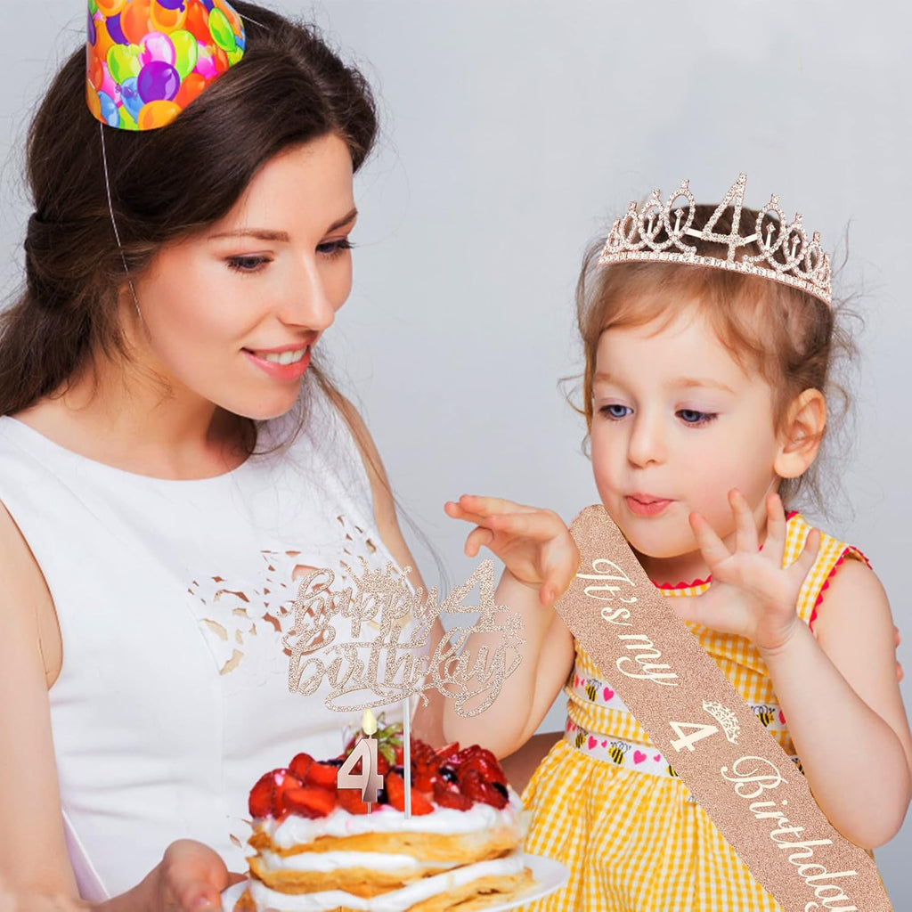 4th Birthday Decorations for Girl Including Sash, Crown, Numeral Candle and Cake Topper, 4 Year Old Girls Party Favor Supplies