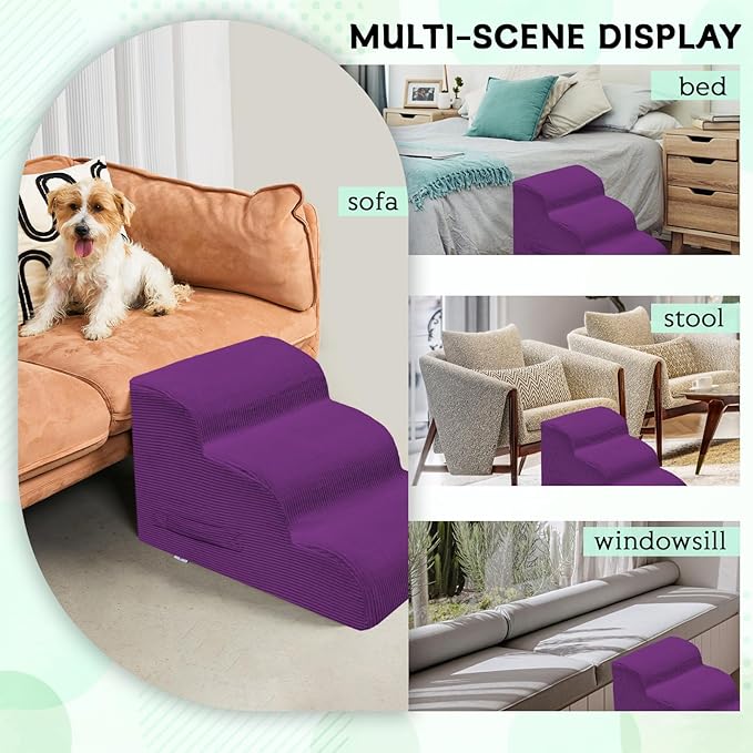 Dog Steps for Small Dogs, 3-Step Dog Ramp and Stairs for High Beds and Sofa, Non-Slip Pet Stairs Removable and Easy to Clean Cover, Purple-PawvioPets