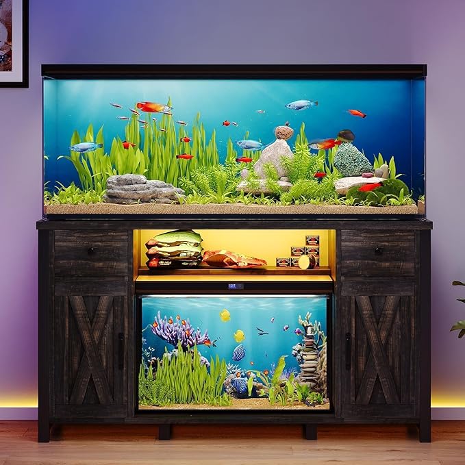 75 Gallon Fish Tank Stand with LED Light & Power Outlets, 55-75 Gallon Heavy Duty Metal Aquarium Stand with Drawers & Barn Doors, Cabinet for 2 Fish Tank Accessories Storage, Dark Oak-PawvioPets