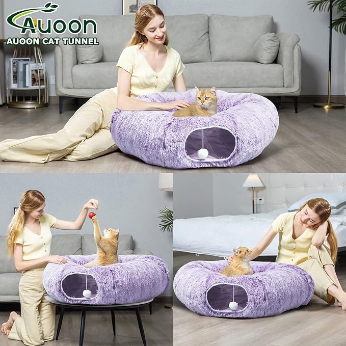 AUOON Cat Tunnel Bed for Indoor Cats - Circle Peekaboo Cat Cave with Washable Mat for Indoor Cats Kitten Kitty Puppy Rabbit Ferret (Purple)-PawvioPets