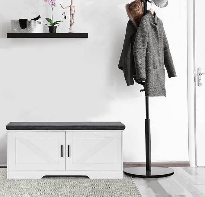 2-Tier Storage Bench, Shoe Bench with Padded Seat Cushion, Entryway Bench with 2 Barn Doors, Adjustable Shelf, 13.8" D x 39.4" W x 17.7" H, for Entryway, Living Room, Bedroom, White-PawvioPets