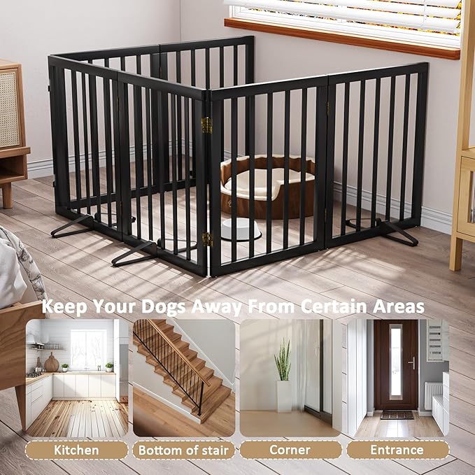 Extra Wide Dog Gate 110 inches Wide, Freestanding Pet Gate for The House Doorway, Pet Puppy Barrier, Support Feet Included, Black,6 Panels-PawvioPets