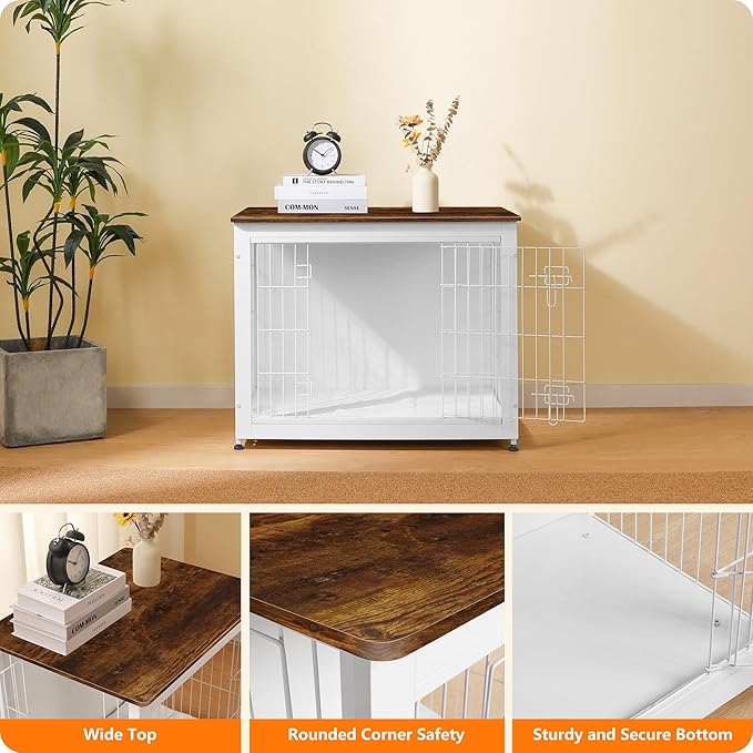 DWANTON Dog Crate Furniture with Cushion, Wooden Kennel Table with Double Doors, Indoor Dog House, Medium Size, 32.5" L, White+Rustic Brown-PawvioPets