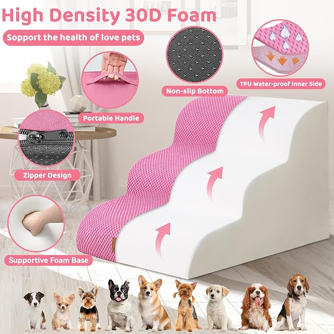 Dog Ramp and Stair for Bed 16" H-20 H,3-Step Cat Stair for Sofa and Chair,4-Step Dog Ramp for High Bed and Window,Durable Nonslip Fabric Cover for Indoor (Pink-16 H, Pet Friendly, 3)-PawvioPets
