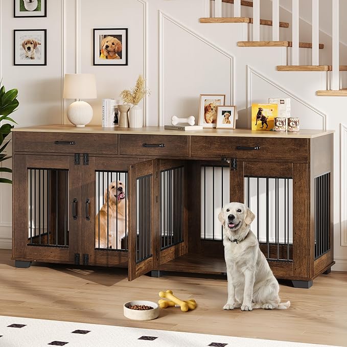 71 Inch Dog Crate Furniture for 2 Rooms, Wooden Double Crate Large Breed with Door, Dog Kennel Indoor, TV Stand End Table with Divider for Large Medium Dogs,Brown-PawvioPets