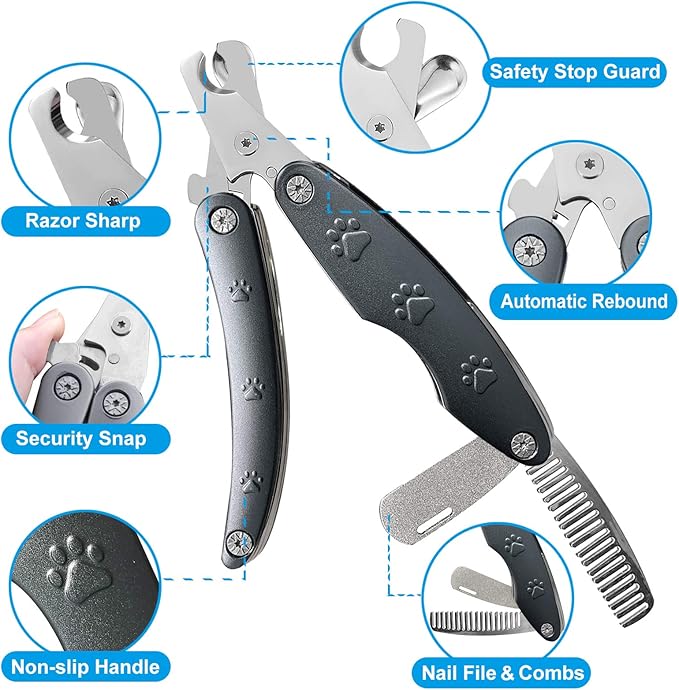 Best Dog Nail Trimmers for Anxiety Sensitive Dogs, Quiet Sharpest Smoothest Nail Clippers for Large Dog Medium Small, Professional Stainless Steel with Nail File & Comb, Left-Handed Friendly-PawvioPets