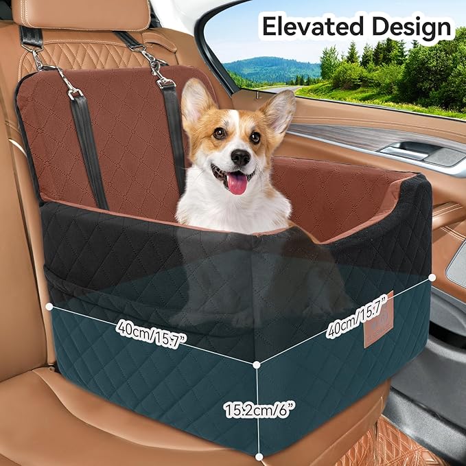 Dog Car Seat for Small/Medium Dogs Under 35lbs,Memory Foam Dog Booster Seats,Detachable and Washable Traval Pet Car Seat, Dogs Bed with 2 Safety Belts(Balck/Brown)-PawvioPets