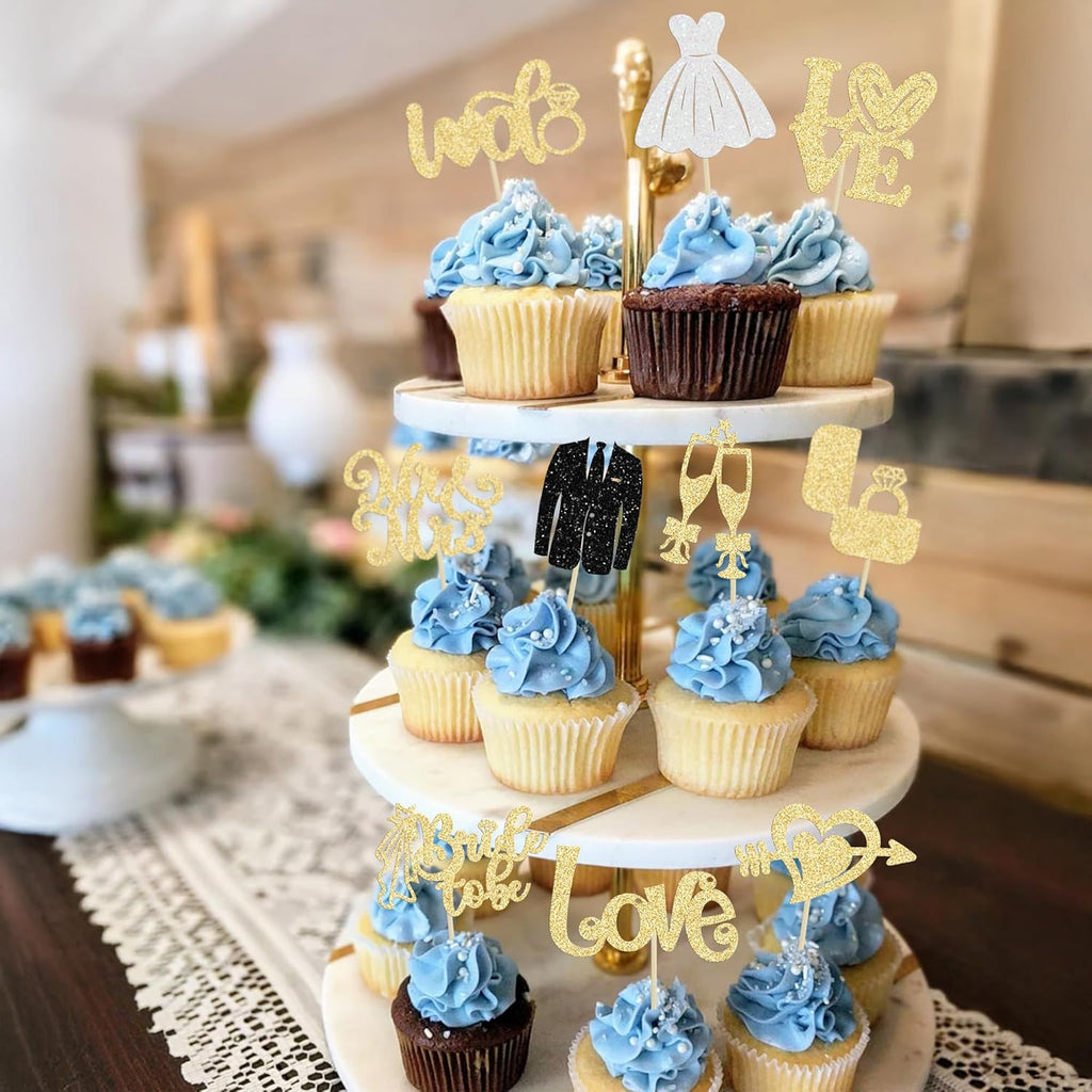 Ephlyn 30Pcs Bride to be Cupcake Toppers Glitter Diamond Ring Love I Do Cupcake Picks for Miss to Mrs Bridal Shower Wedding Engagement Bachelorette Cupcake Decorations Party Supplies Gold