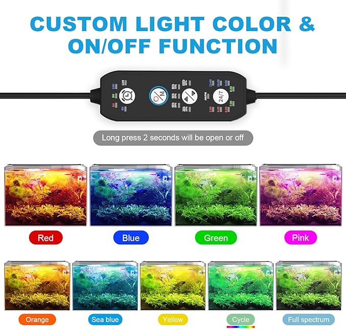 24/7 Mode Led Aquarium Light for Plants Growth-Full Spectrum Fish Tank Light with Timer, Auto On/Off, 7 Colors, Adjustable Brightness, 14W for 12 to 18 Inch Freshwater Tank-PawvioPets