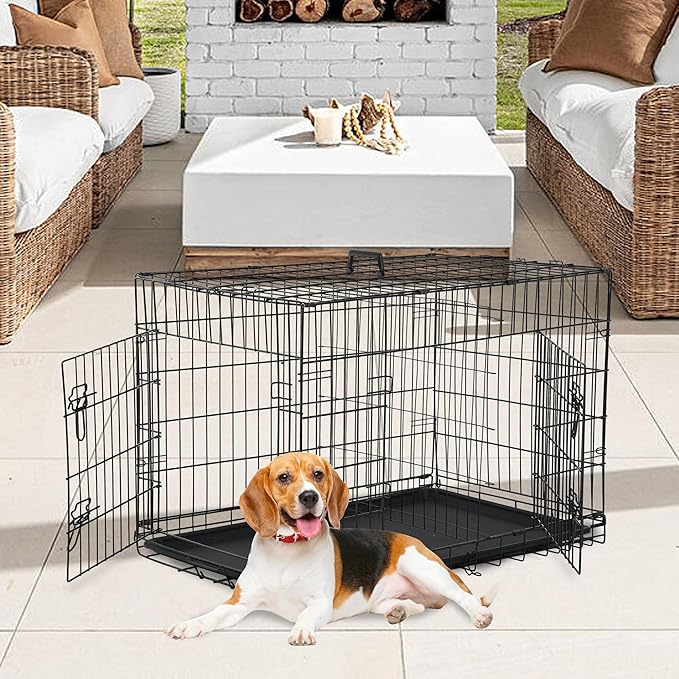 FDW Dog Crate Dog Kennel Cage with Double Door,36 inch Folding Metal Wire Dog Cage with Removable Tray&Divider Panel,Pet Crate for Medium Dogs,Black-PawvioPets