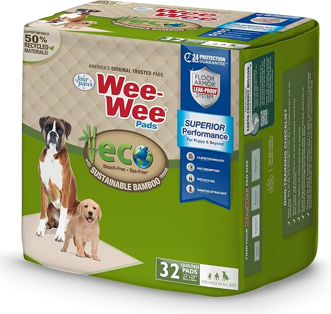 Four Paws Wee-Wee Superior Performance Bamboo Pee Pads for Dogs, Earth Friendly Dog & Puppy Potty Training Pads, Crate Liners, Housebreaking Supplies, 22" x 23" (32 Count)-PawvioPets