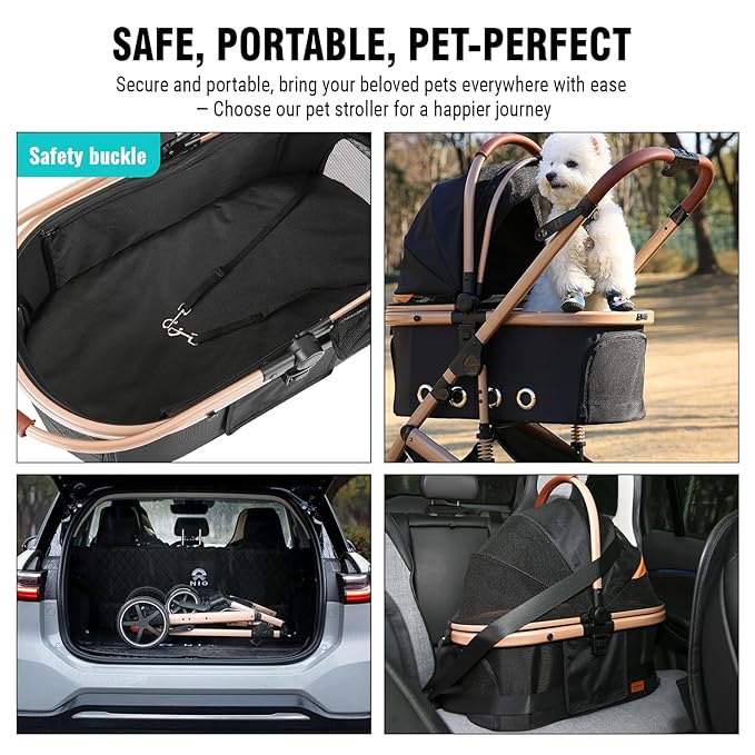 EchoSmile 4 in 1 Pet Stroller, Folding Lightweight Cat & Dog Stroller with Detachable Carrier, NO-Zip 180° Reversible Canopy, All Terrain 4-Wheel,45 lbs Capacity for Small to Medium Dogs-PawvioPets