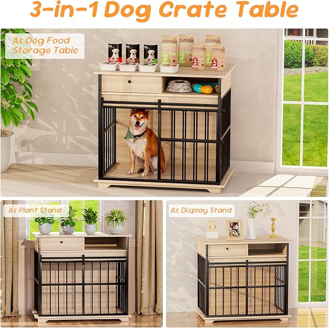 35.5" Dog Crate Furniture, Wooden Dog Crate Furniture for Medium Small Dogs, Wooden Dog Kennel End Table with Drawer and Open Shelves, Sliding Door Dog Kennel Furniture-PawvioPets