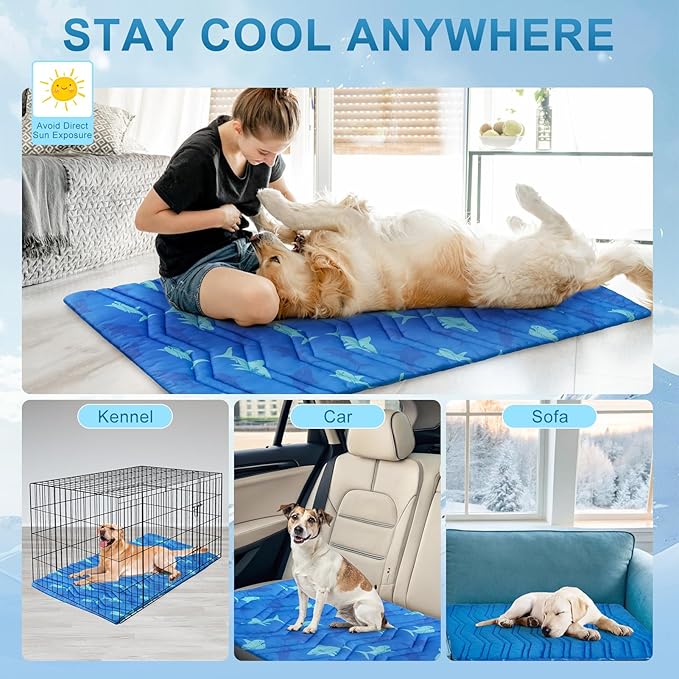 BEAUTYZOO Dog Cooling Mat- Upgraded Thicken Cooling Mat for Large Dogs Reversible(Cool & Warm) Pet Ice Cool Bed Washable & Portable, Summer Crate Pad for Big Dog Puppy Up to 44 lbs, Shark Blue 36X23IN-PawvioPets