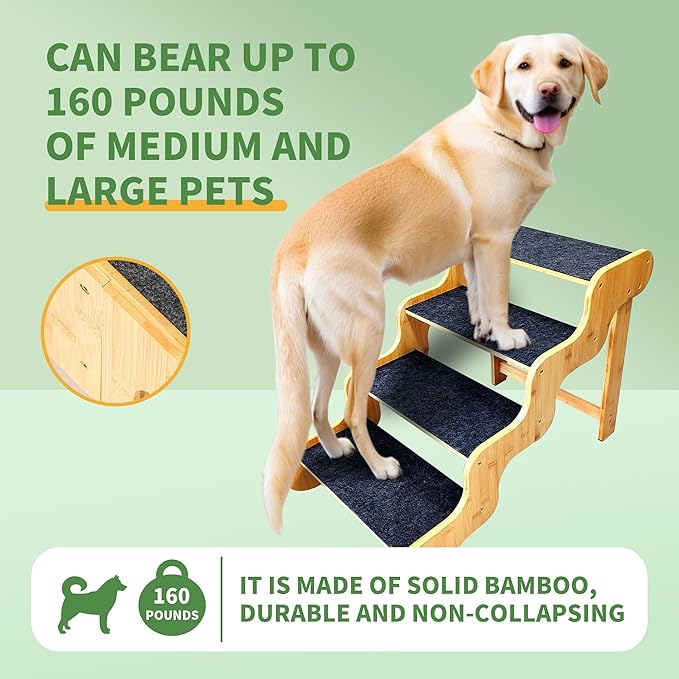 Dog Stairs for Large/Oldder Dogs,4 Steps Bamboo Wooden Pet Ramp for High Beds, Cars & Couch Sofa - Supports Dog Up to 160 LB,20-inches High-PawvioPets