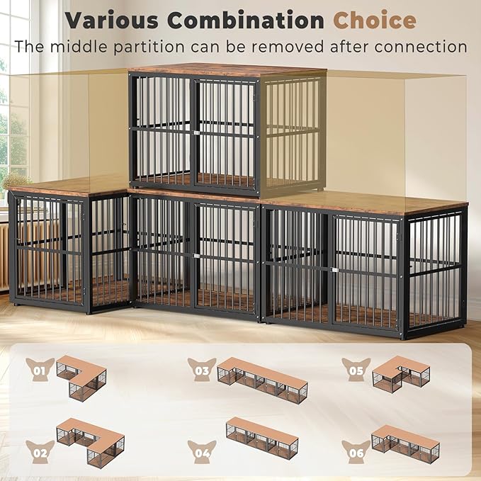 43'' Dog Crate Furniture with 3 Doors, XL Wooden Crate End Table Heavy Duty Indoor Puppy Cage for Medium to Large Dogs, Multiple Units Can be Combined-PawvioPets