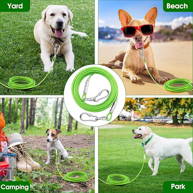 Dog Tie Out Cable for Outside,50FT Heavy Duty Dog Leash&Chains with Swivel Hook,Small-Large Dogs Runner Cable for Dogs Up to 250lbs, Long Lead Line for Yard Outdoor and Camping (250lbs 50FT, Green)-PawvioPets