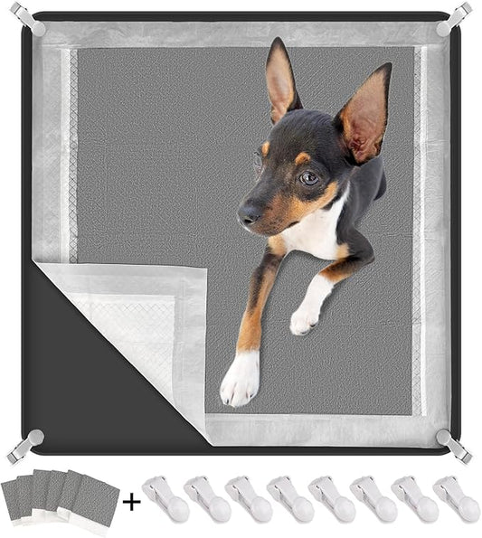 Dog Pee Pad Holder, Puppy Pad Holder Tray for 24'' x 24'' Training Pads, 15pcs Dog Potty Tray Set Include High Edge Silicone Mat & 6 Activated Charcoal Disposable Puppy Pads & 8 Holder Clamps-PawvioPets